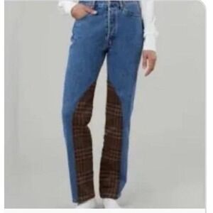 NWT Still Here Walnut Childhood jeans classic blue brown plaid flannel panels 24